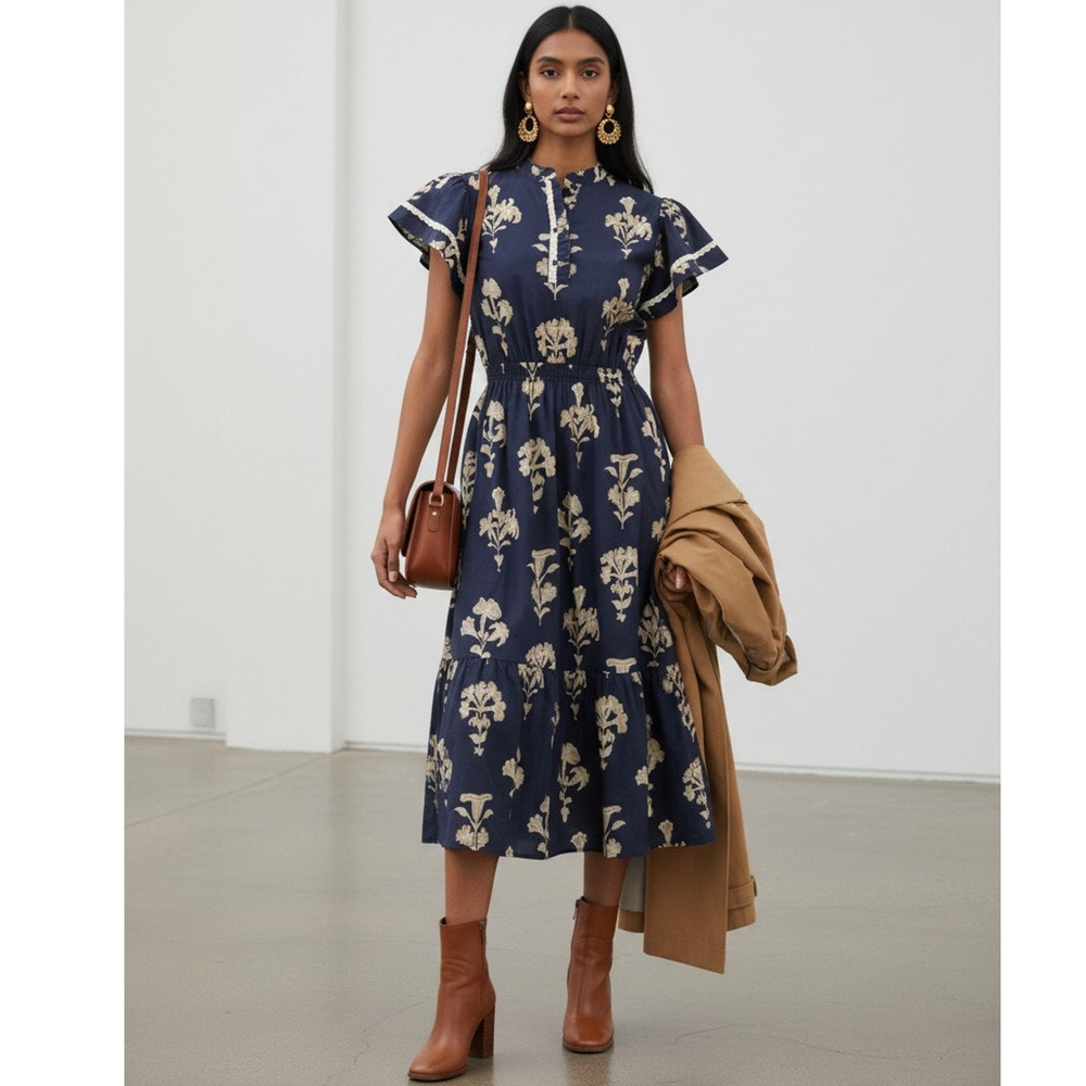 NWT Umgee Navy Floral Print Cotton Midi Dress Flutter Sleeve M